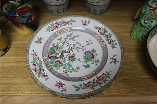 A Chinese crackle glaze bowl and jar, a pair of famille rose vases and two stone china plates